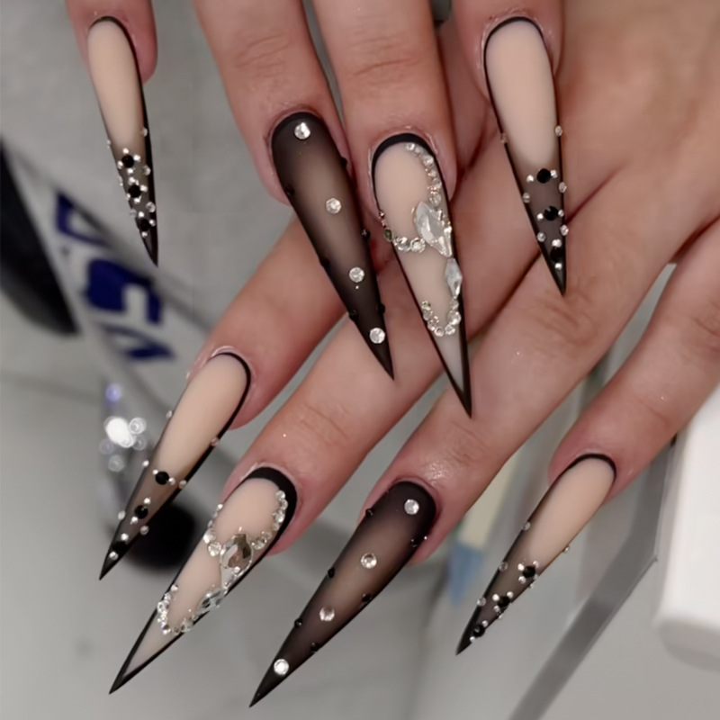 Nail Art Fake - Uzun Sivri Uçlu Yapıştırma Tırnaklar, Taşlı,
